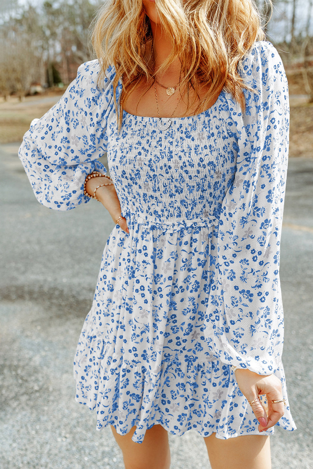 Sky Blue Floral Smocked Mini Dress with Puff Sleeves