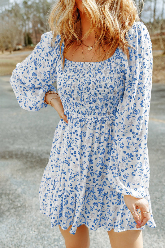 Sky Blue Floral Smocked Mini Dress with Puff Sleeves