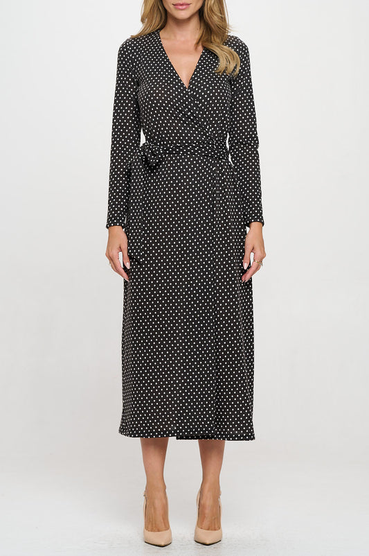 Polka Dot Knit V-Neck Wrap Midi Dress