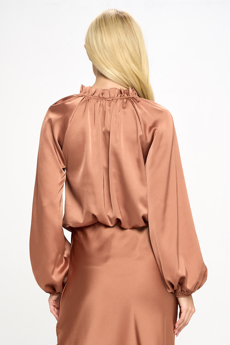 ✨ Solid Satin Ruffle Mock Neck Top ✨