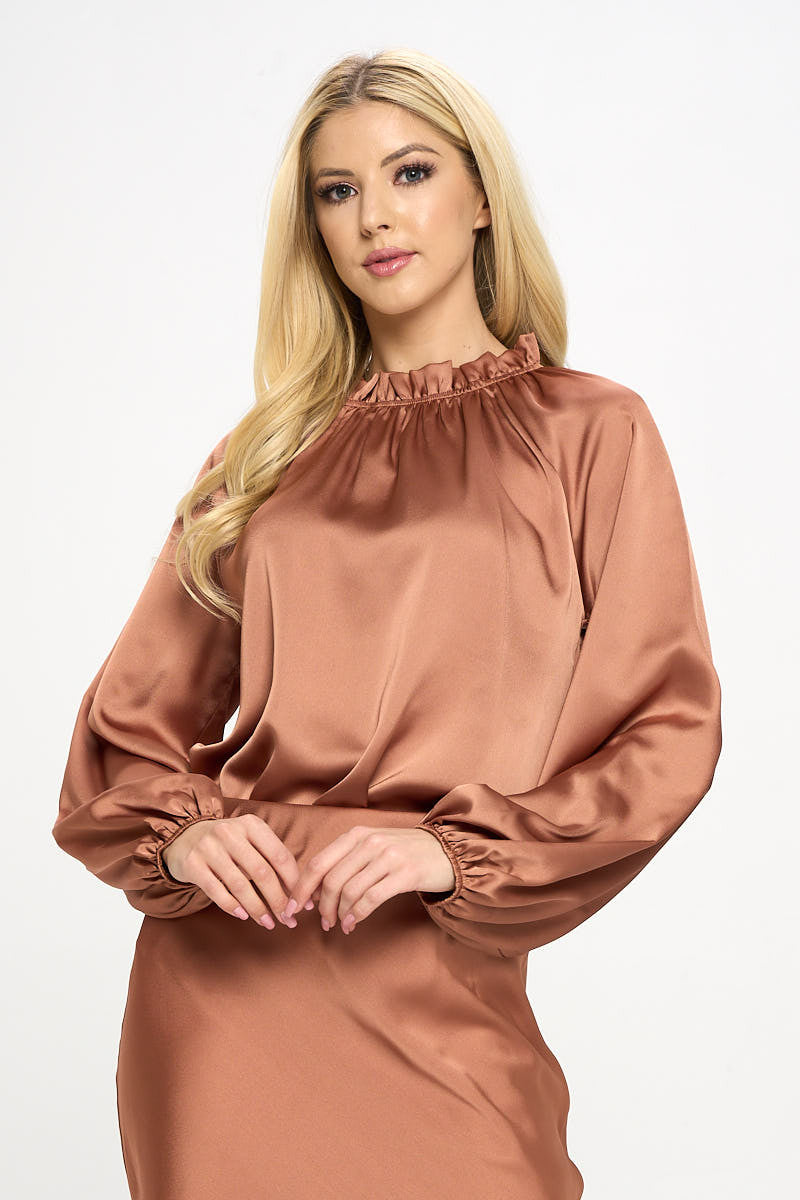 ✨ Solid Satin Ruffle Mock Neck Top ✨