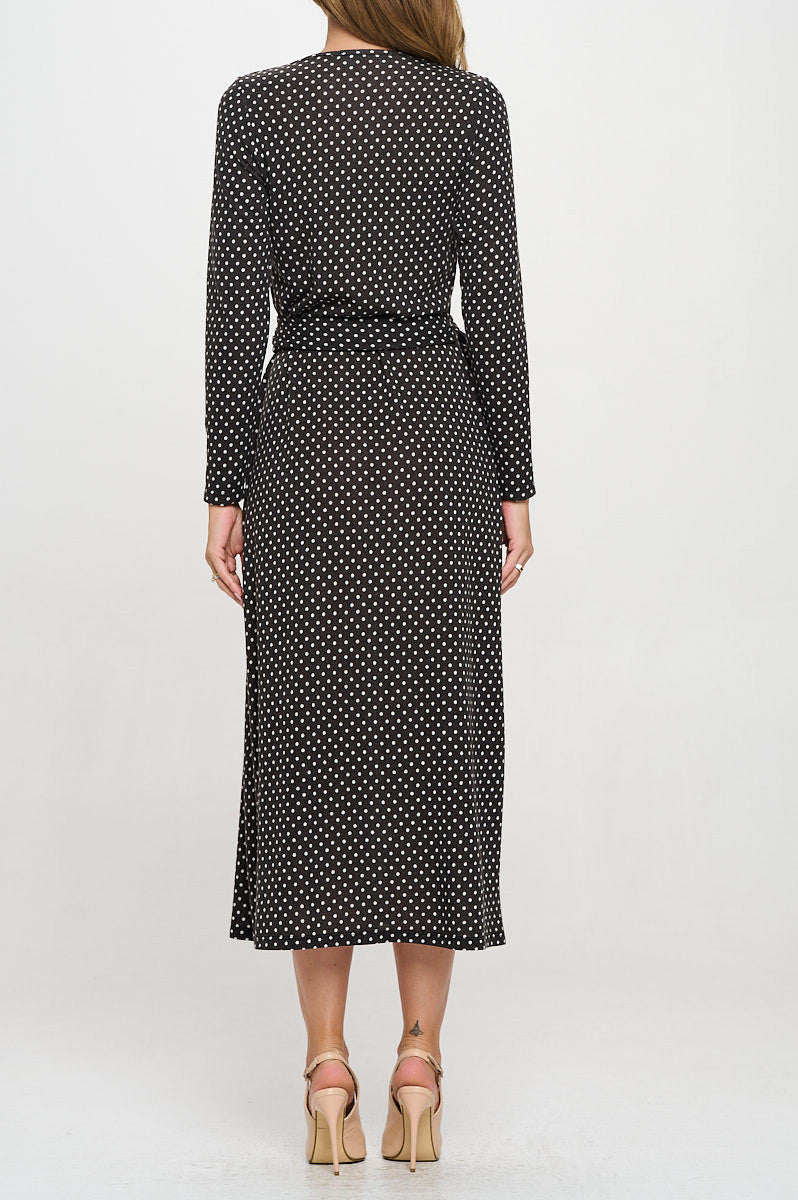 Polka Dot Knit V-Neck Wrap Midi Dress