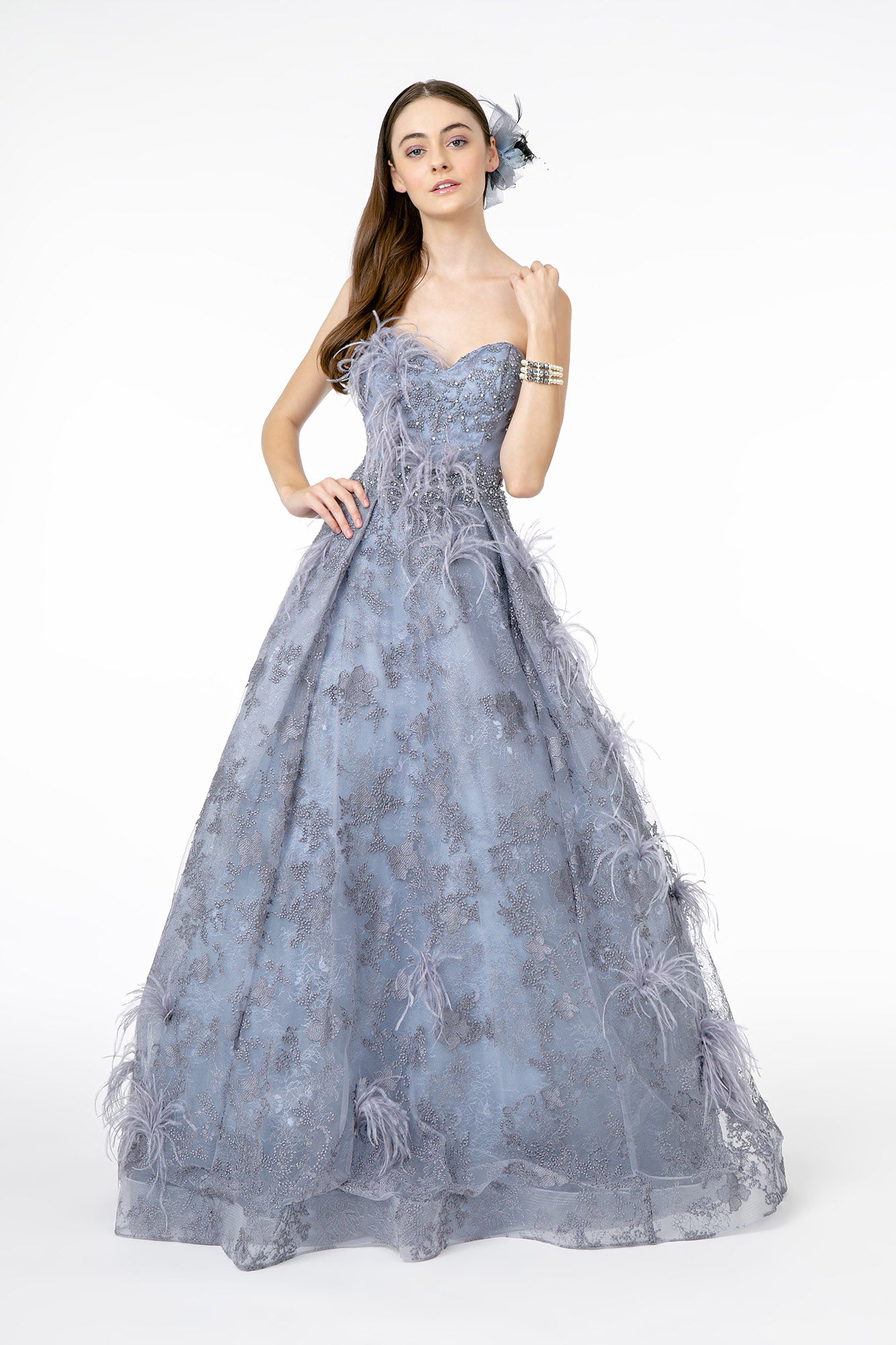 Feather Embellished Embroidered Sweetheart Mesh A-Line Gown
