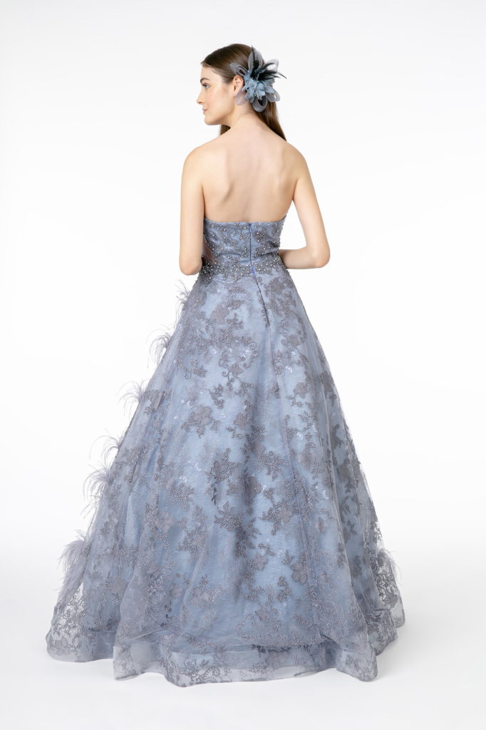 Feather Embellished Embroidered Sweetheart Mesh A-Line Gown