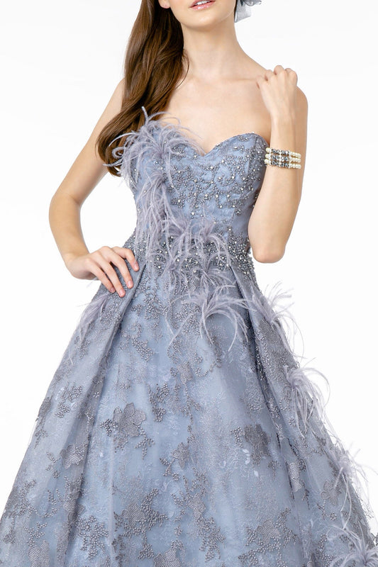 Feather Embellished Embroidered Sweetheart Mesh A-Line Gown