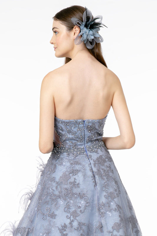 Feather Embellished Embroidered Sweetheart Mesh A-Line Gown