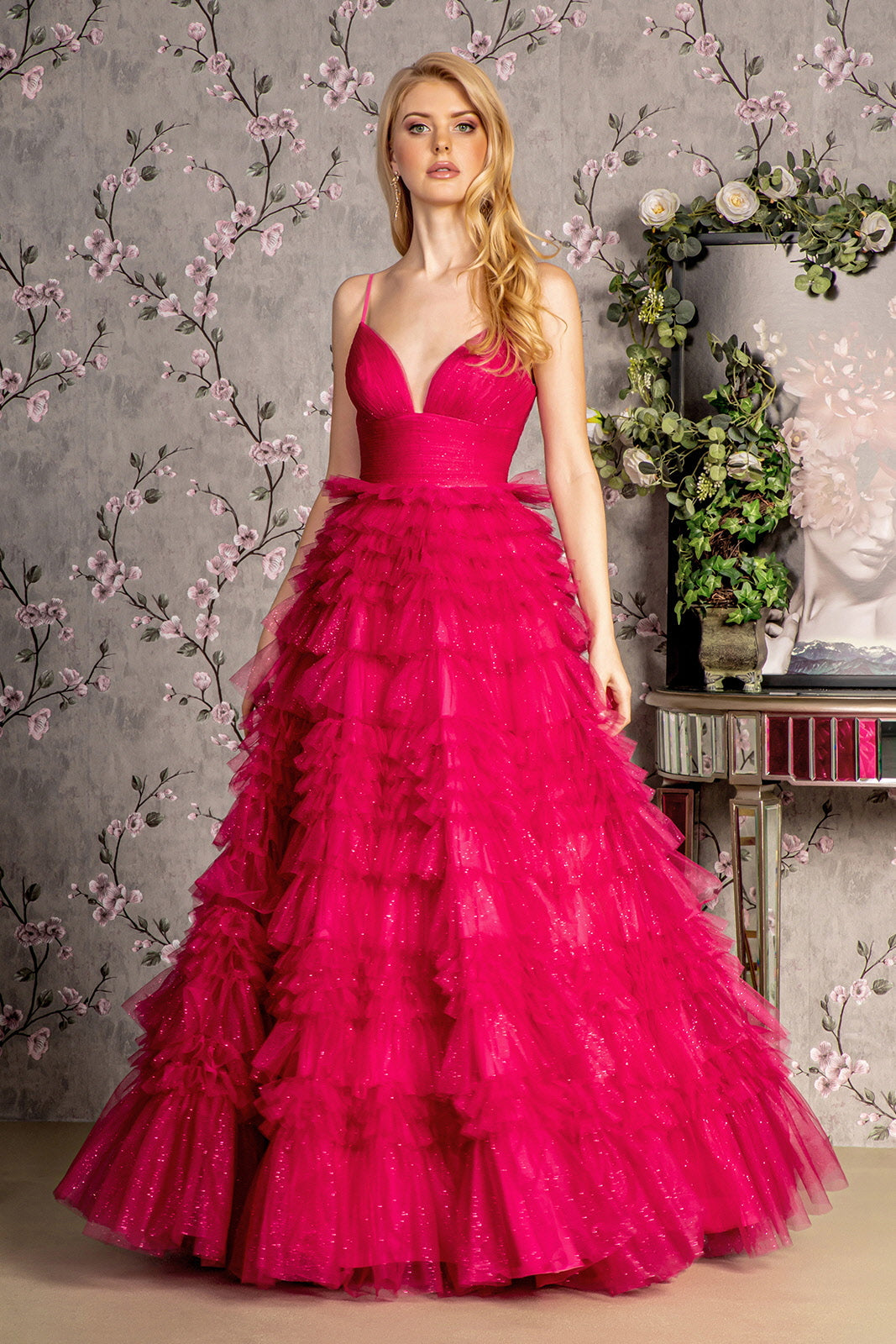 Glitter Sweetheart Ruffled Mesh A-Line Evening Gown